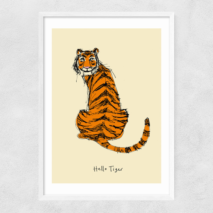 Hello Tiger by Poet and Painter Narrow White Frame
