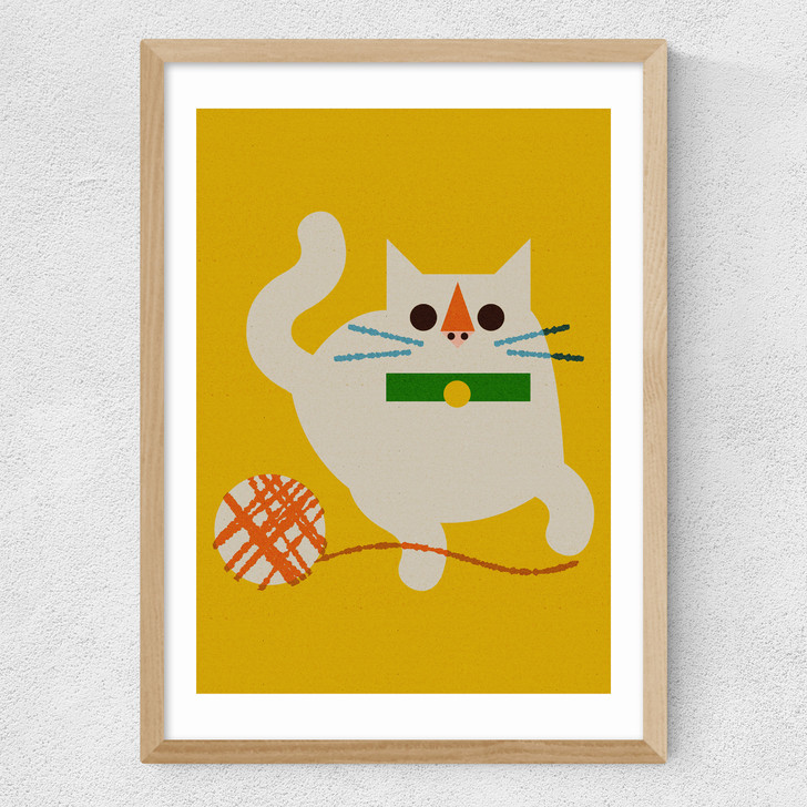 Cat With Yarn Medium Oak Frame Cat With Yarn Medium Oak Frame
