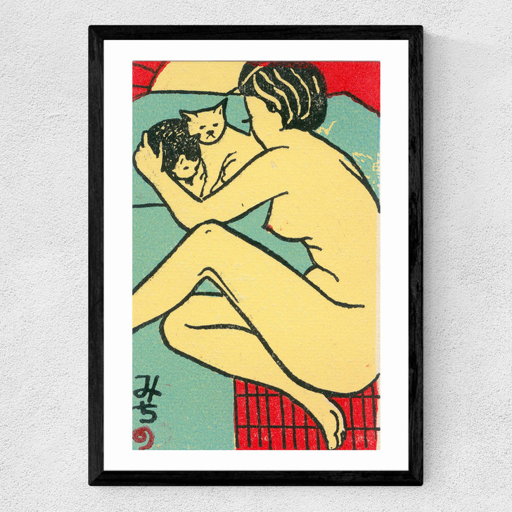 Geisha with cats Matchbox Medium Black Frame