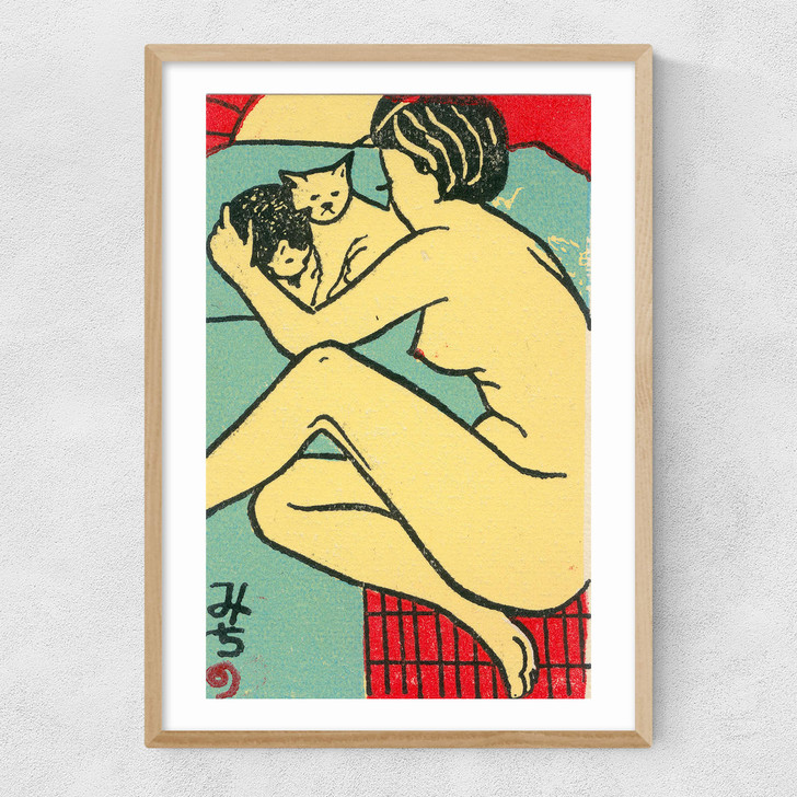 Geisha with cats Matchbox Narrow Oak Frame