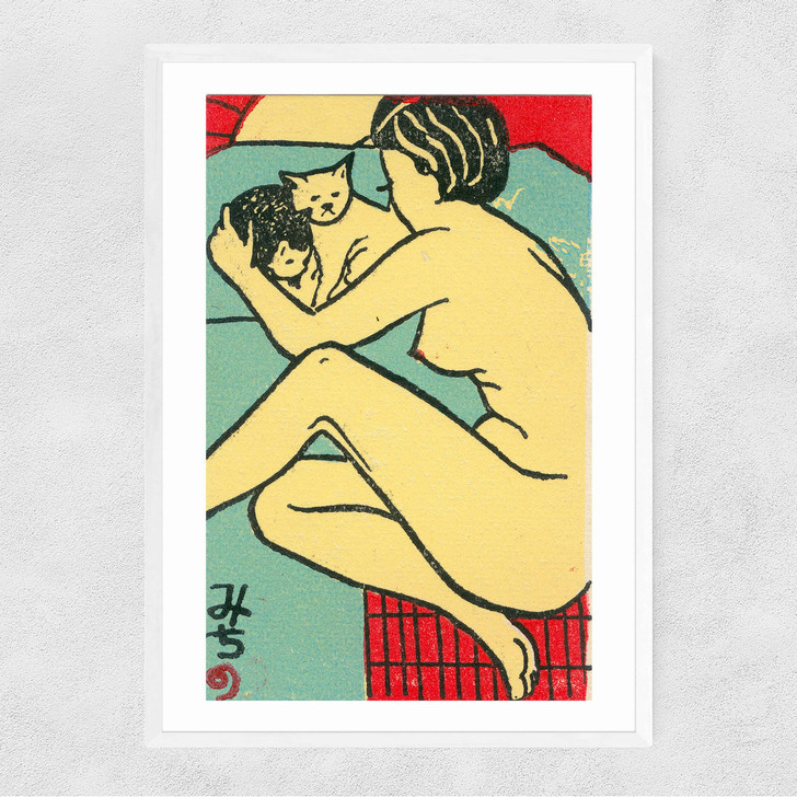 Geisha with cats Matchbox Narrow White Frame