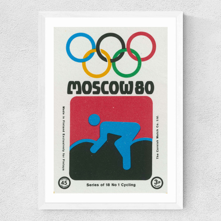 Moscow Olympics Cycling Matchbox Label Medium White Frame Moscow Olympics Cycling Matchbox Label Medium White Frame