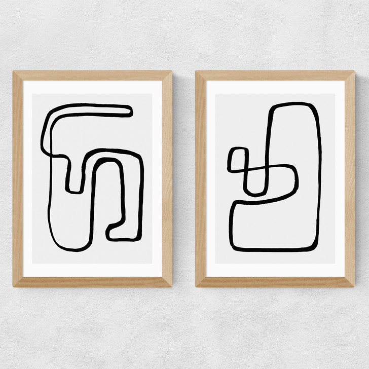 Abstract Monochrome Diptych Medium Oak Frame