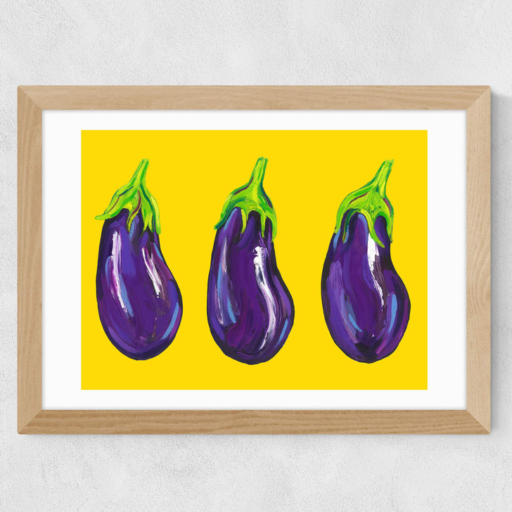 Aubergines on Yellow Wide Oak Frame Aubergines on Yellow Wide Oak Frame