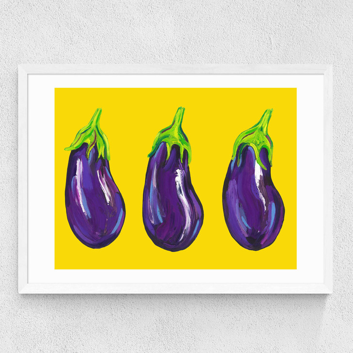 Aubergines on Yellow Medium White Frame Aubergines on Yellow Medium White Frame