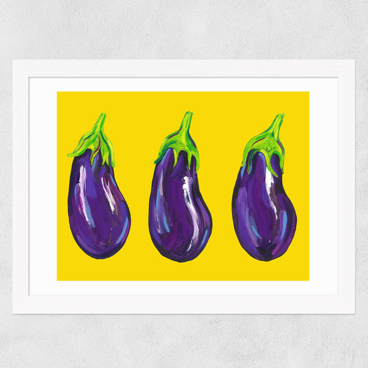 Aubergines on Yellow Wide White Frame Aubergines on Yellow Wide White Frame
