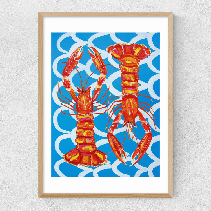 Langoustines on Blue Wavey Narrow Oak Frame