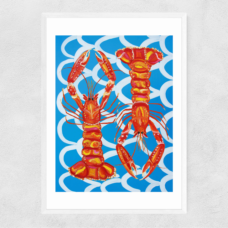 Langoustines on Blue Wavey Narrow White Frame