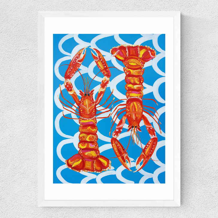 Langoustines on Blue Wavey Medium White Frame