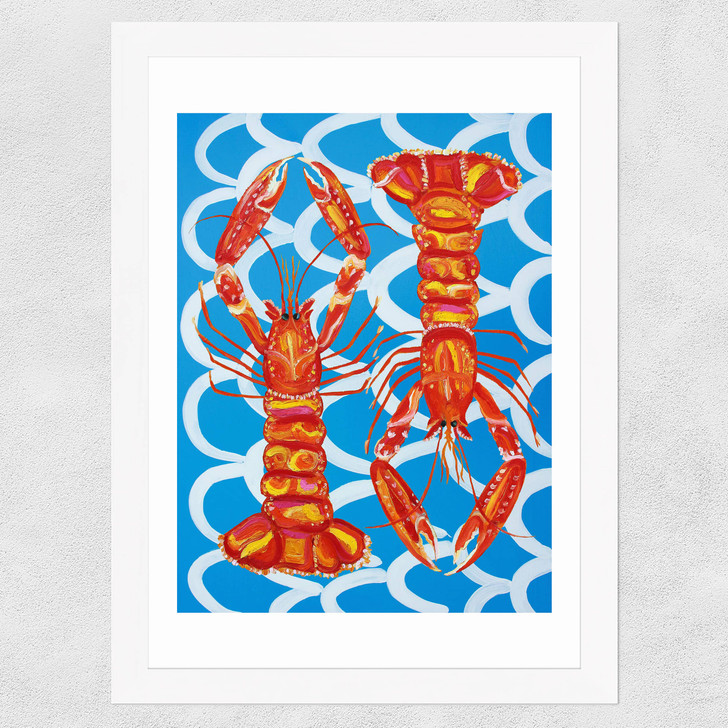Langoustines on Blue Wavey Wide White Frame