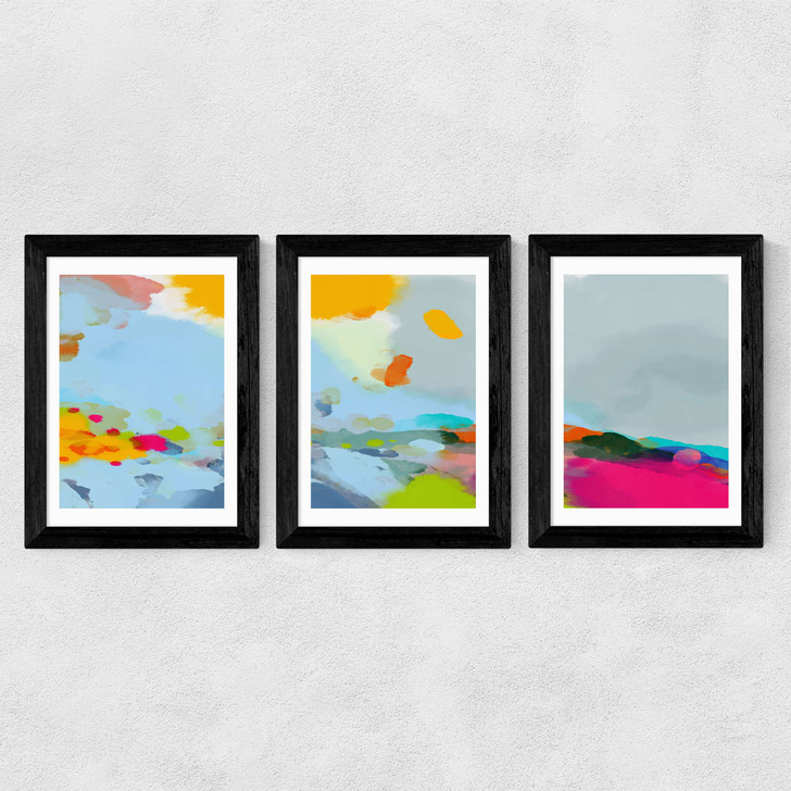 Red Poppies Field Abstract Triptych Wide Black Frame