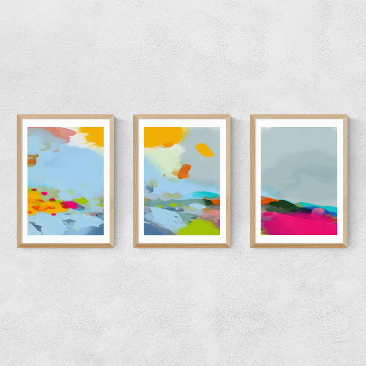 Red Poppies Field Abstract Triptych Narrow Oak Frame