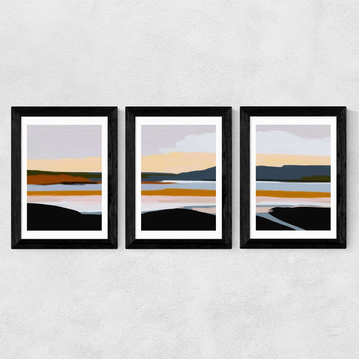 Peaceful Calm of Evening Triptych Wide Black Frame