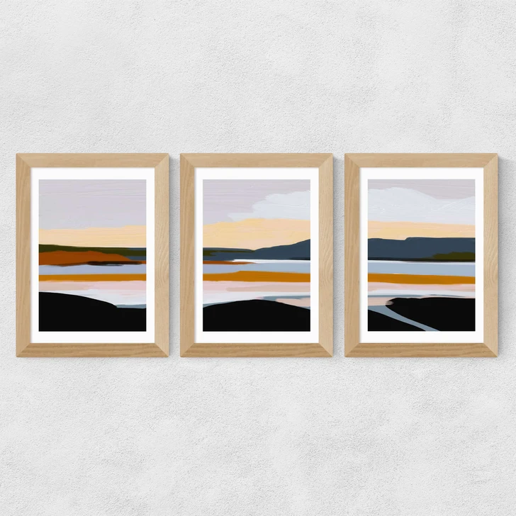 Peaceful Calm of Evening Triptych Wide Oak Frame