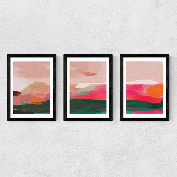 Green and Pink Abstract Triptych Medium Black Frame Green and Pink Abstract Triptych Medium Black Frame
