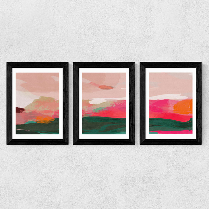 Green and Pink Abstract Triptych Wide Black Frame Green and Pink Abstract Triptych Wide Black Frame