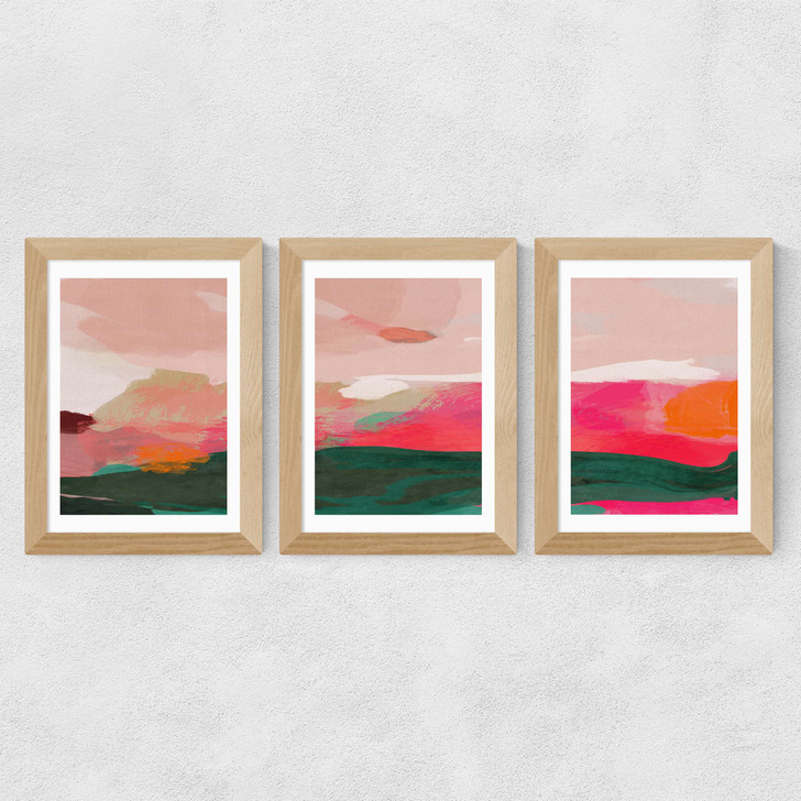 Green and Pink Abstract Triptych Wide Oak Frame Green and Pink Abstract Triptych Wide Oak Frame