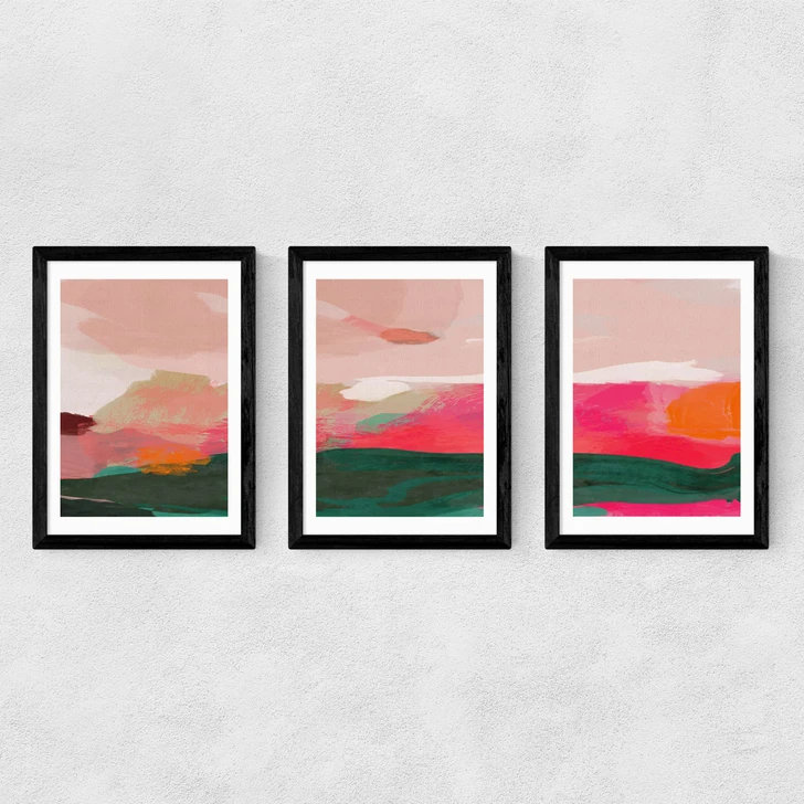 Green and Pink Abstract Triptych Medium Black Frame