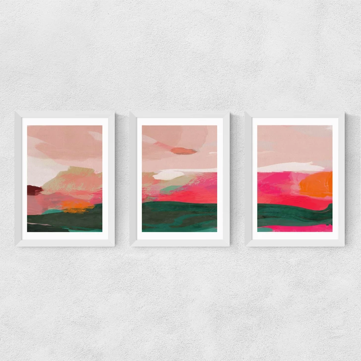 Green and Pink Abstract Triptych Medium White Frame