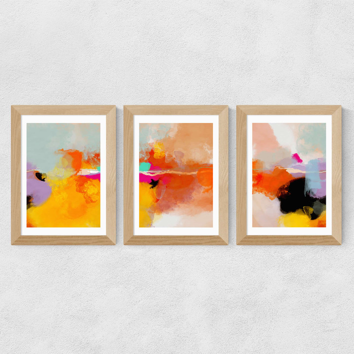 Yellow Blush Triptych Wide Oak Frame
