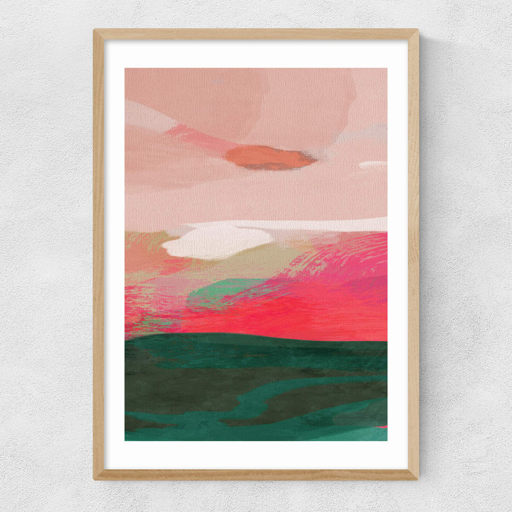 Green and Pink Abstract II Narrow Oak Frame