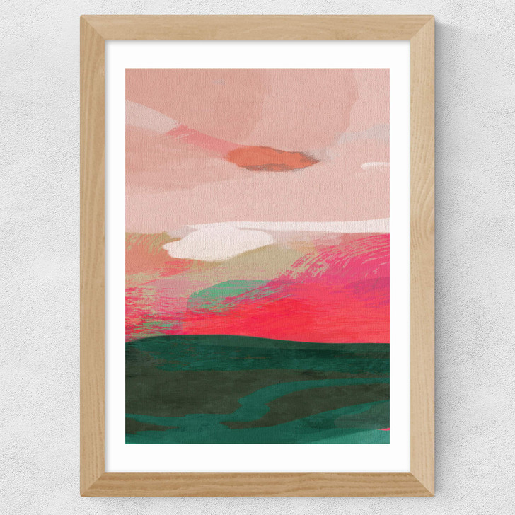 Green and Pink Abstract II Wide Oak Frame
