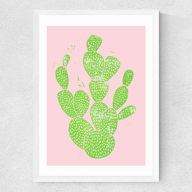 Linocut Cacti Medium White Frame