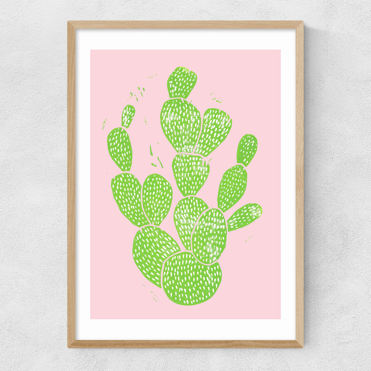 Linocut Cacti Narrow Oak Frame