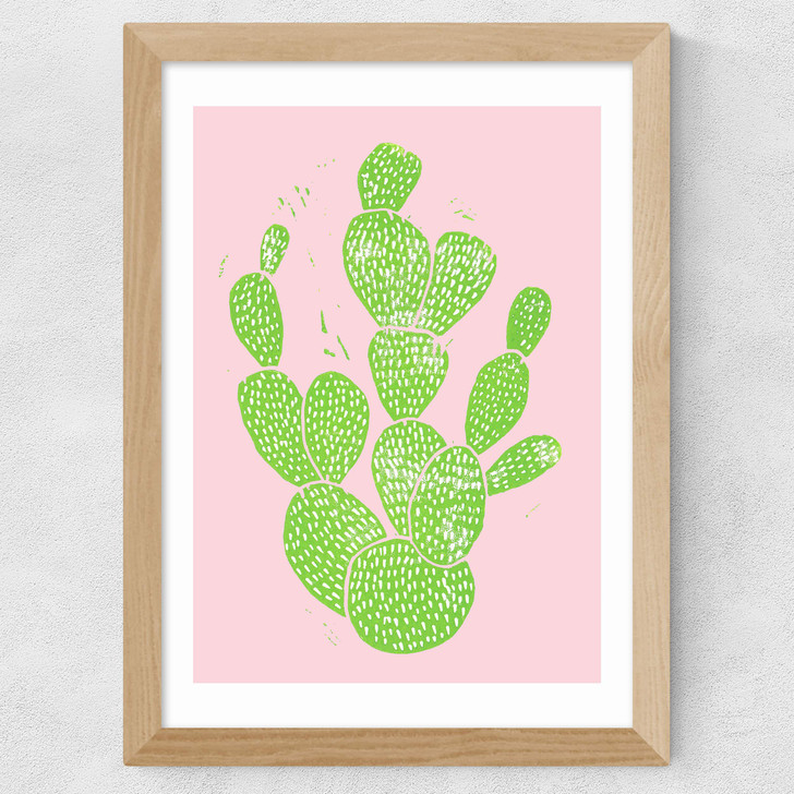 Linocut Cacti Wide Oak Frame