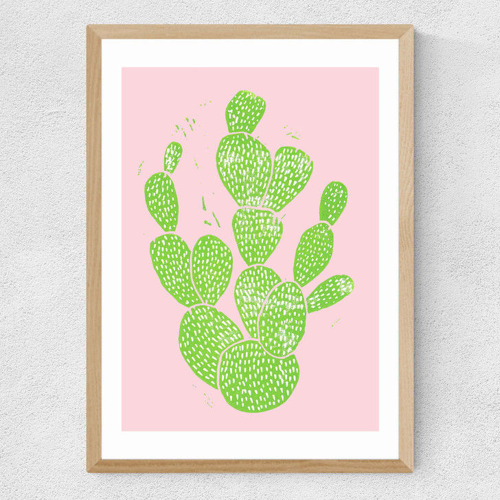 Linocut Cacti Medium Oak Frame