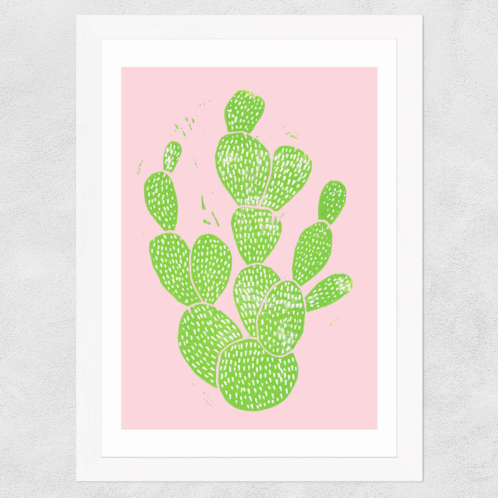 Linocut Cacti Wide White Frame