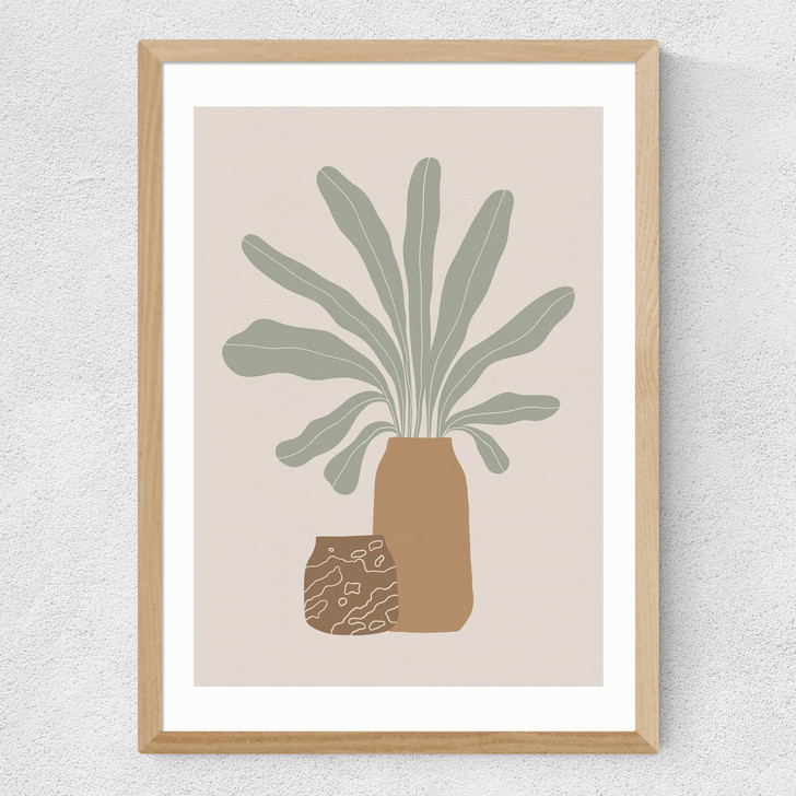 Two Brown Vases And Green Plant Medium Oak Frame
