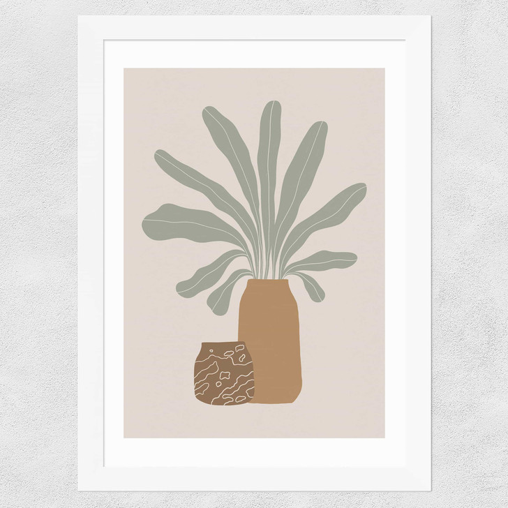 Two Brown Vases And Green Plant Wide White Frame