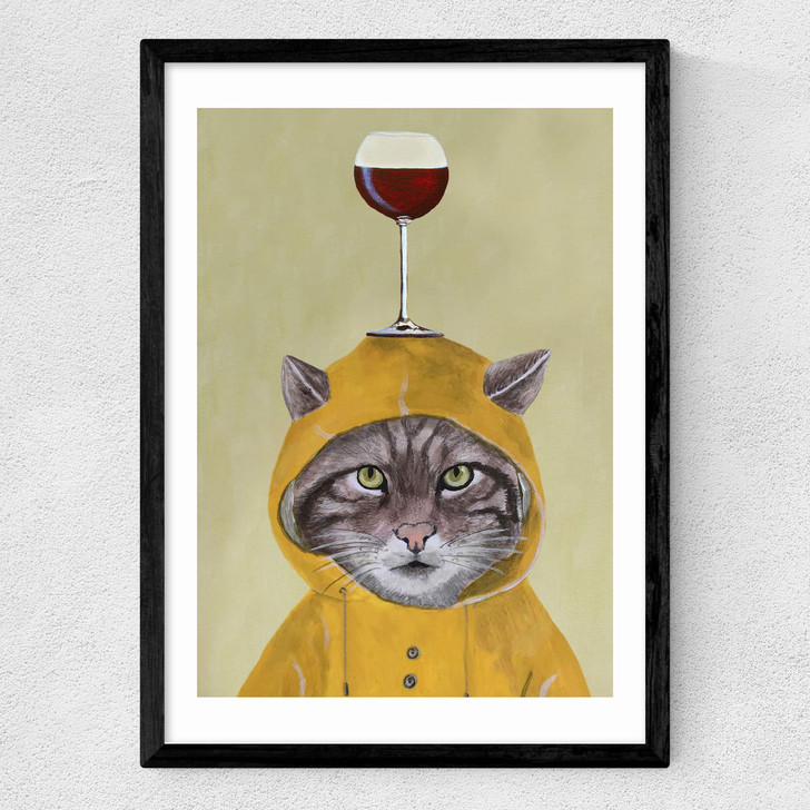 Raincoat Cat With Wineglass Medium Black Frame