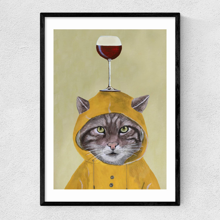Raincoat Cat With Wineglass Narrow Black Frame