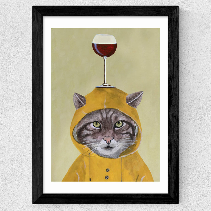 Raincoat Cat With Wineglass Wide Black Frame