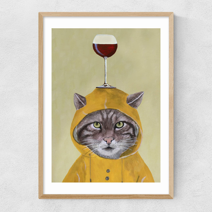 Raincoat Cat With Wineglass Narrow Oak Frame