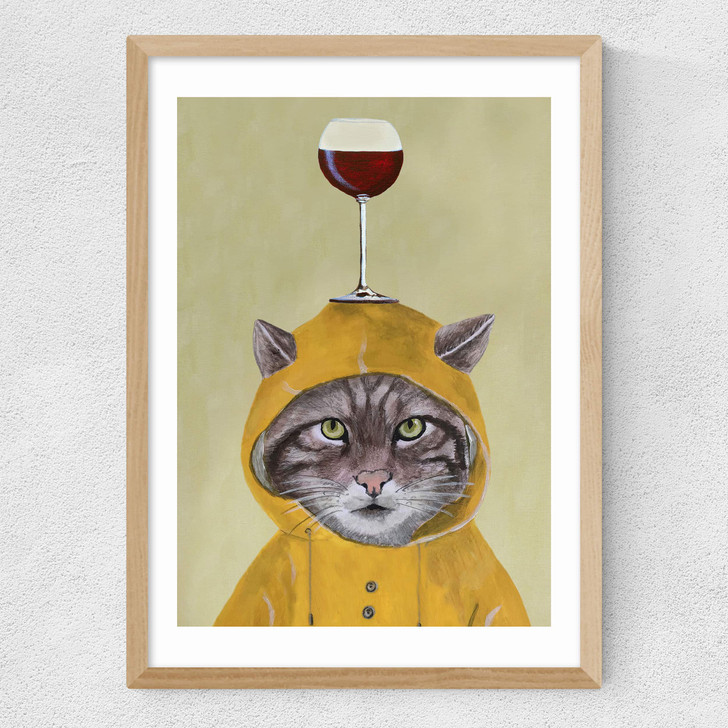 Raincoat Cat With Wineglass Medium Oak Frame