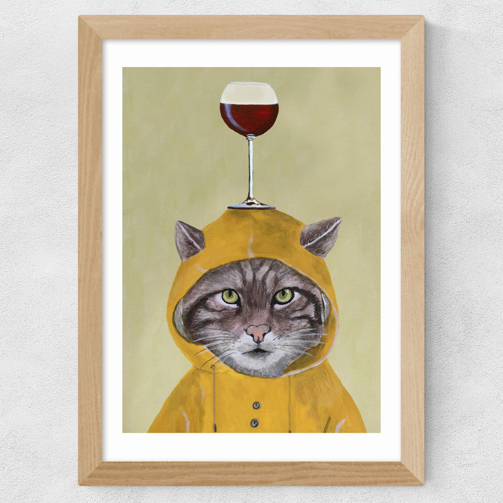 Raincoat Cat With Wineglass Wide Oak Frame