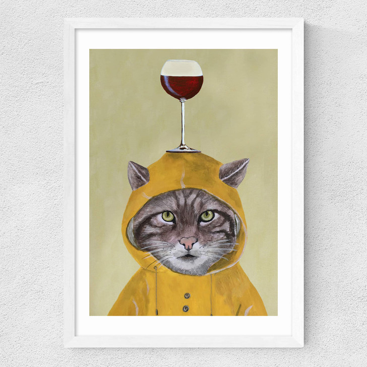 Raincoat Cat With Wineglass Medium White Frame