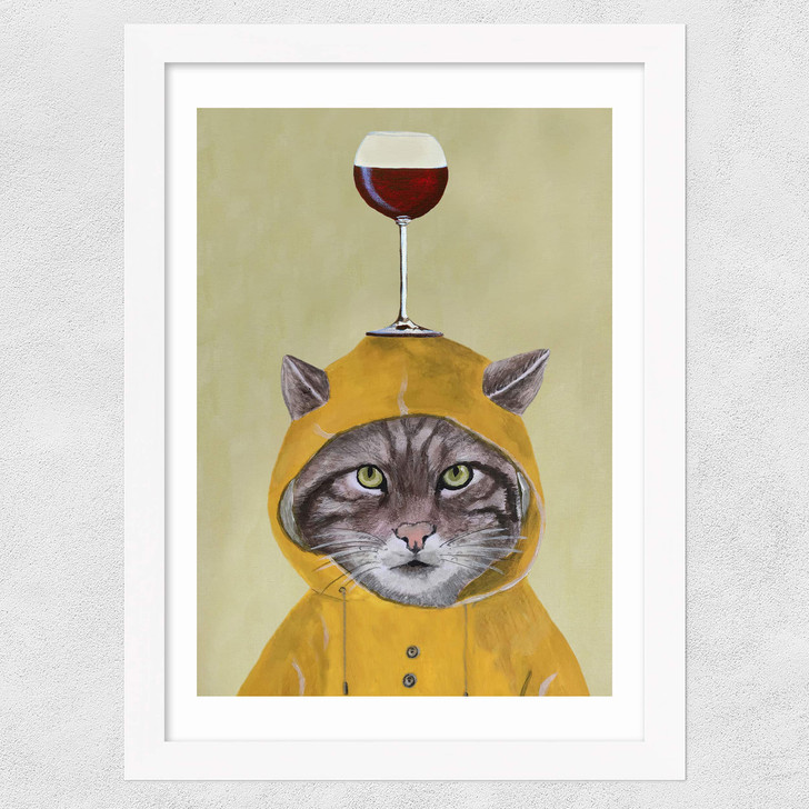 Raincoat Cat With Wineglass Wide White Frame