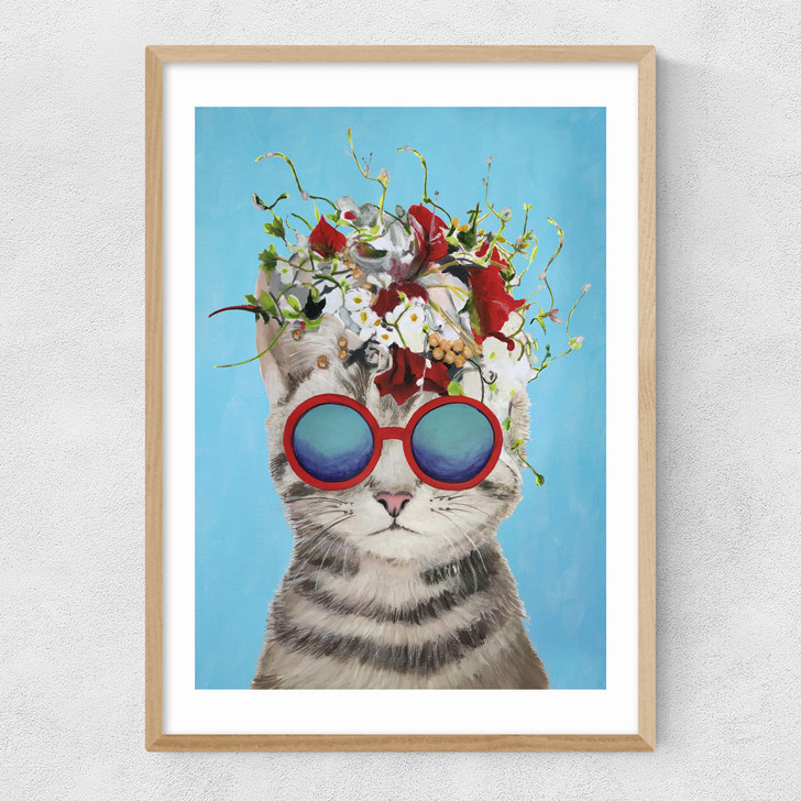 Flower Cat Narrow Oak Frame