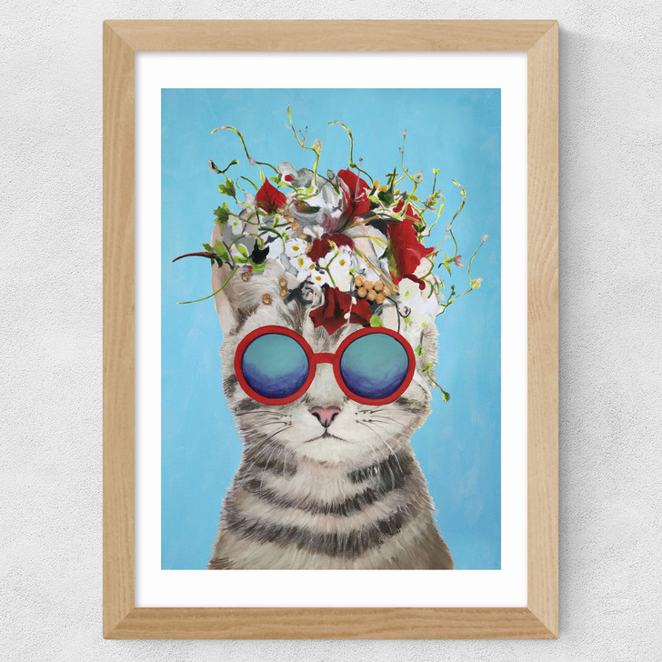 Flower Cat Wide Oak Frame