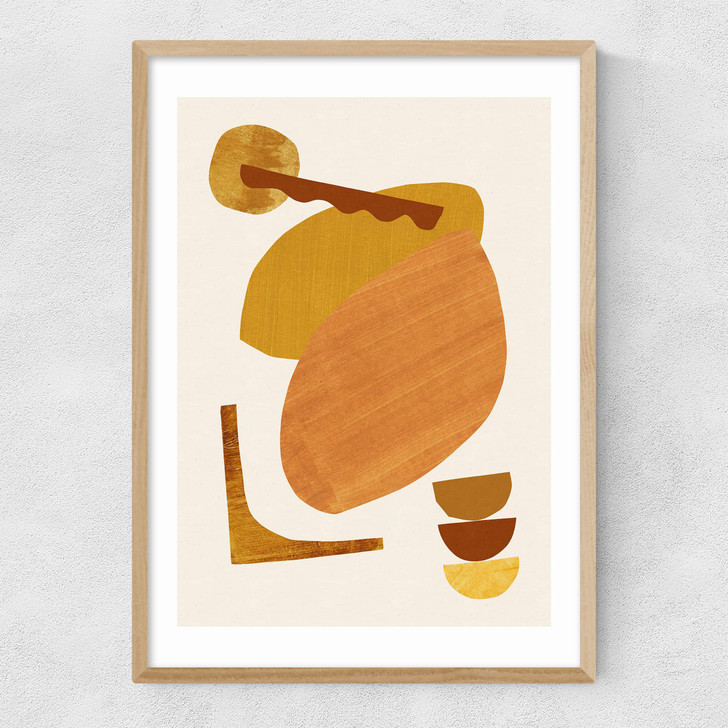 Abstract Collage With Warm Shapes Narrow Oak Frame
