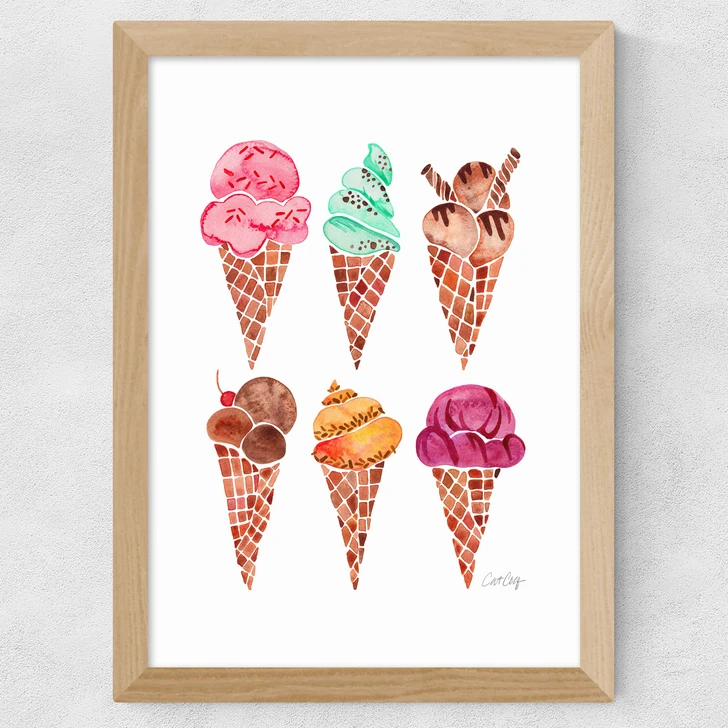 Rainbow IceCream Cones Wide Oak Frame