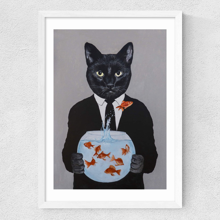 Cat With Fishbowl Medium White Frame Cat With Fishbowl Medium White Frame