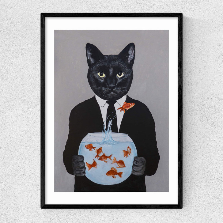 Cat With Fishbowl Narrow Black Frame