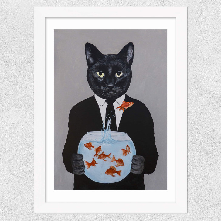 Cat With Fishbowl Wide White Frame