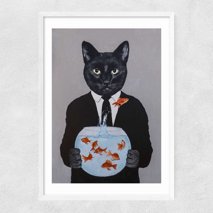 Cat With Fishbowl Narrow White Frame