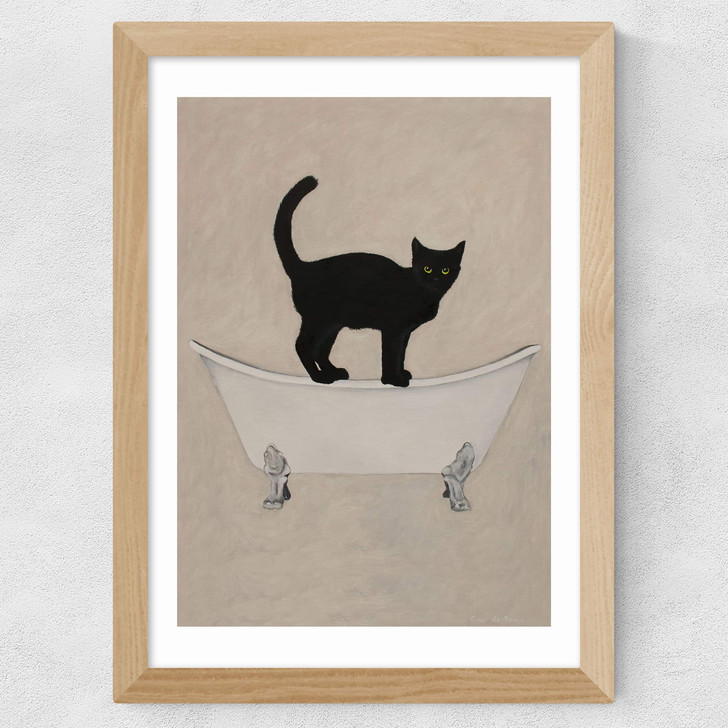 Cat On Bathtub Wide Oak Frame